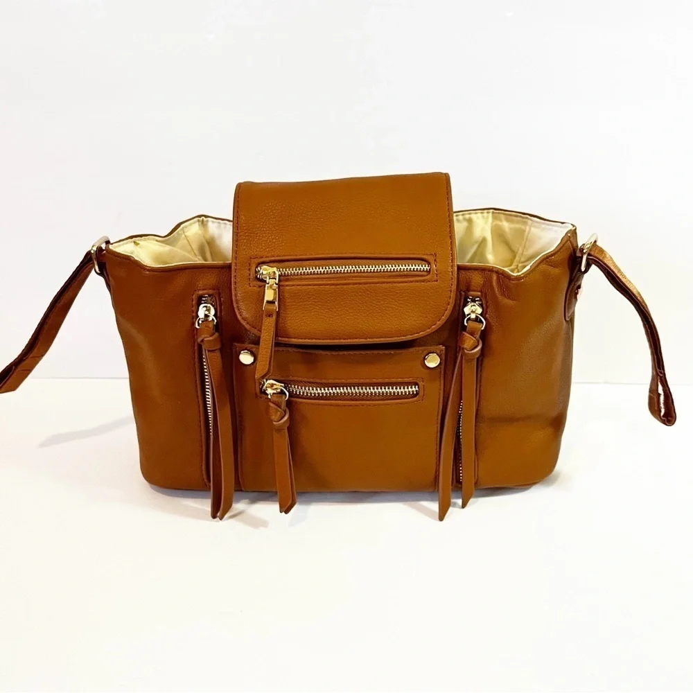 Brown Faux Vegan Leather Stroller Organizer Caddy Insulated Drink Holder Durable